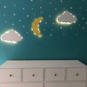 Ahşap 2 Bulut ve Ay Gece Lamba Seti