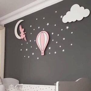 Ahşap Melekli Ay, Bulut, Balon Gece Lamba Seti