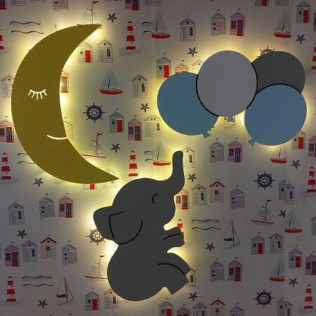 Ahşap 4lü Balon, Ay, Fil Gece Lamba Seti