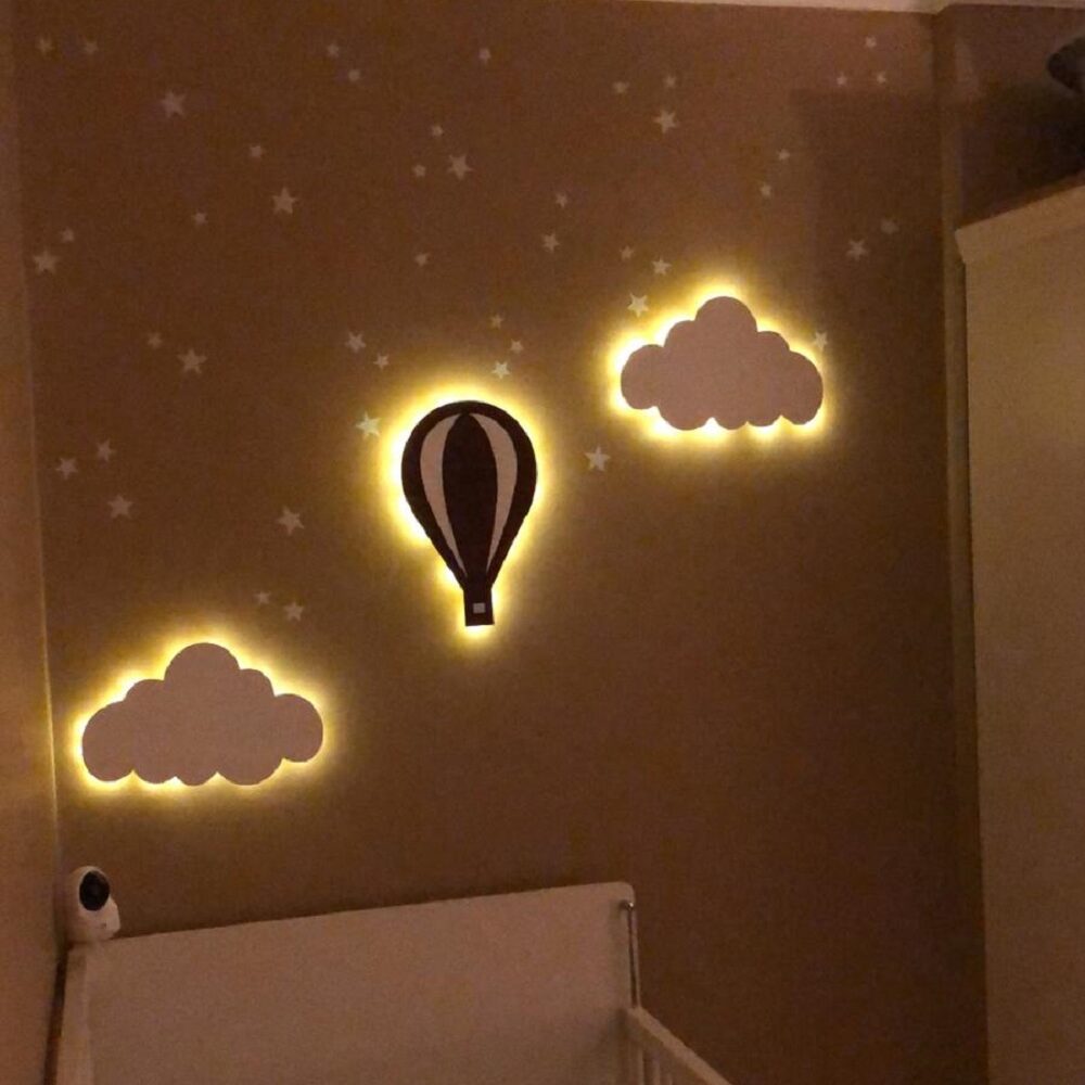 Ahşap 2 Bulut ve Balon Gece Lamba Seti