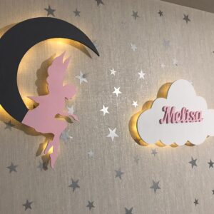 Ahşap Melekli Ay ve Bulut Gece Lamba Seti
