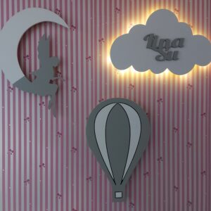 Ahşap Melekli Ay, Balon ve Bulut Gece Lamba Seti