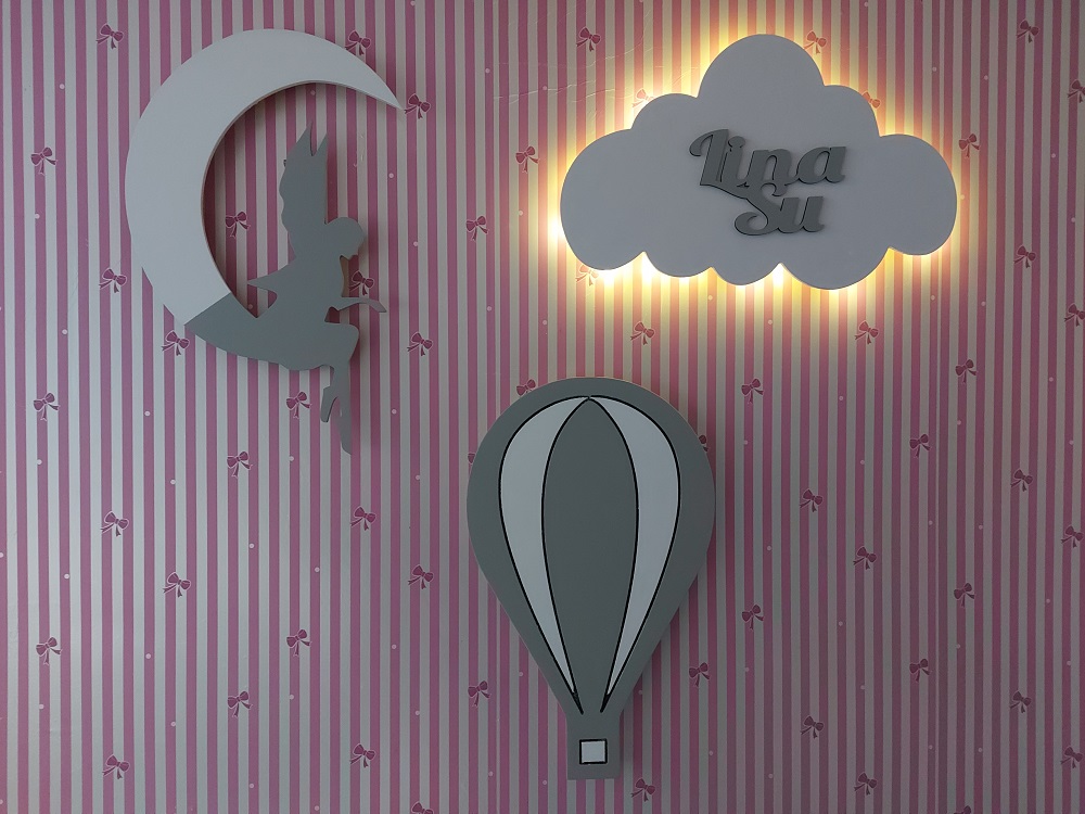 Ahşap Melekli Ay, Balon ve Bulut Gece Lamba Seti