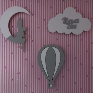 Ahşap Melekli Ay, Balon ve Bulut Gece Lamba Seti