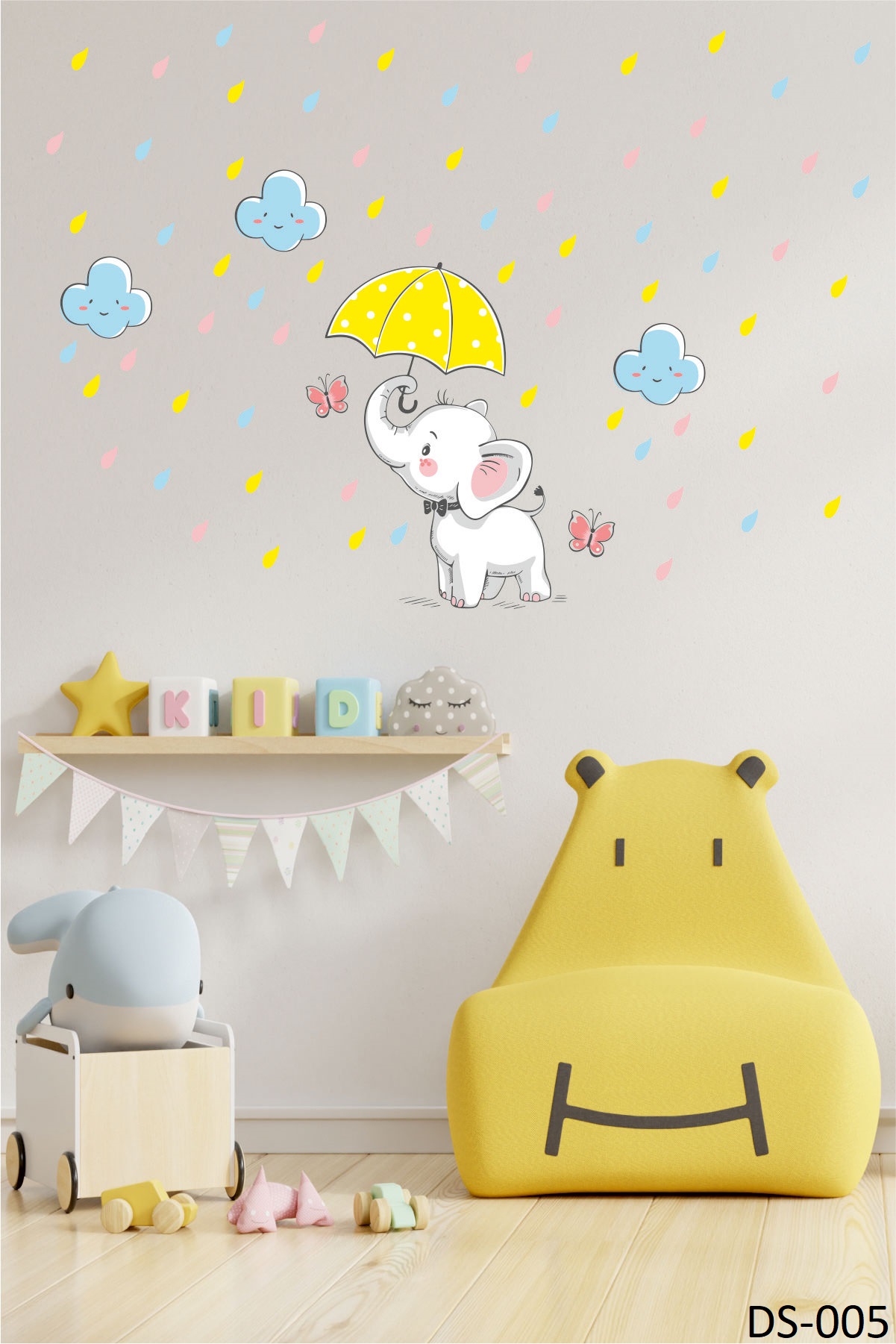 Sarı Şemsiyeli Fil Duvar Stickerı