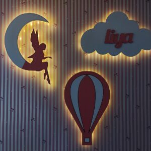 Ahşap Bulut, Balon ve Melekli Ay Gece Lamba Seti