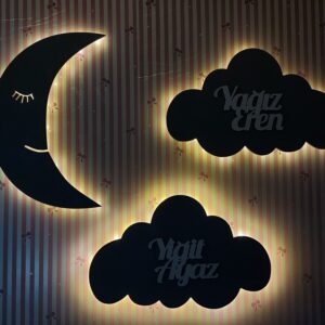 Ahşap 2 Bulut ve Ay Gece Lamba Seti