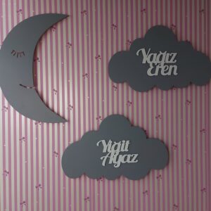 Ahşap 2 Bulut ve Ay Gece Lamba Seti