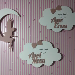 Ahşap 2 Gülen Bulut ve Melekli Ay Gece Lamba Seti