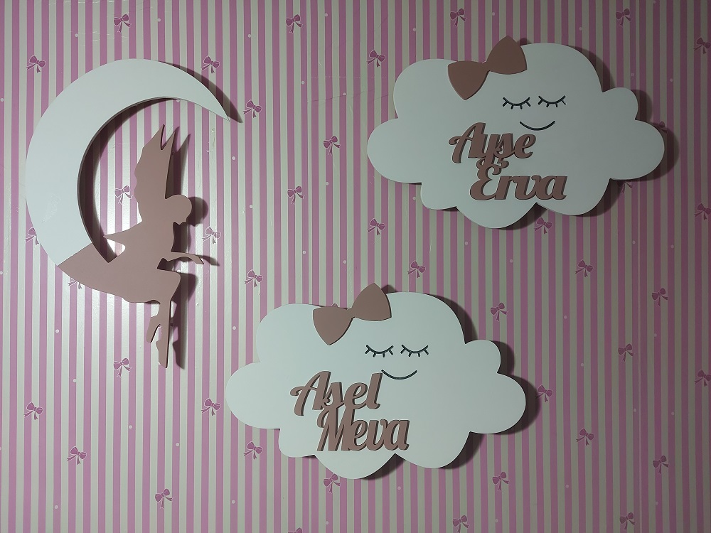 Ahşap 2 Gülen Bulut ve Melekli Ay Gece Lamba Seti