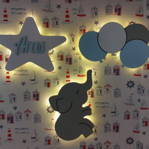 Ahşap Fil, Yıldız ve 4lü Balon Gece Lamba Seti