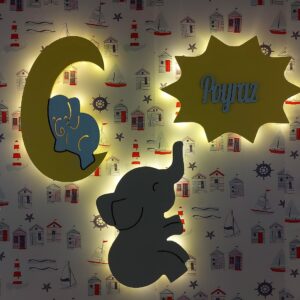 Ahşap Güneş, Fil ve Filli Ay Gece Lamba Seti