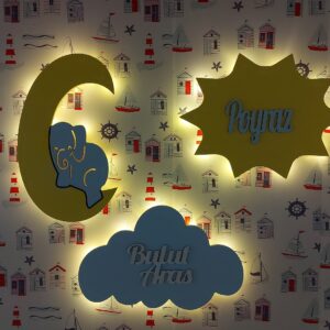 Ahşap Güneş, Bulut ve Filli Ay Gece Lamba Seti